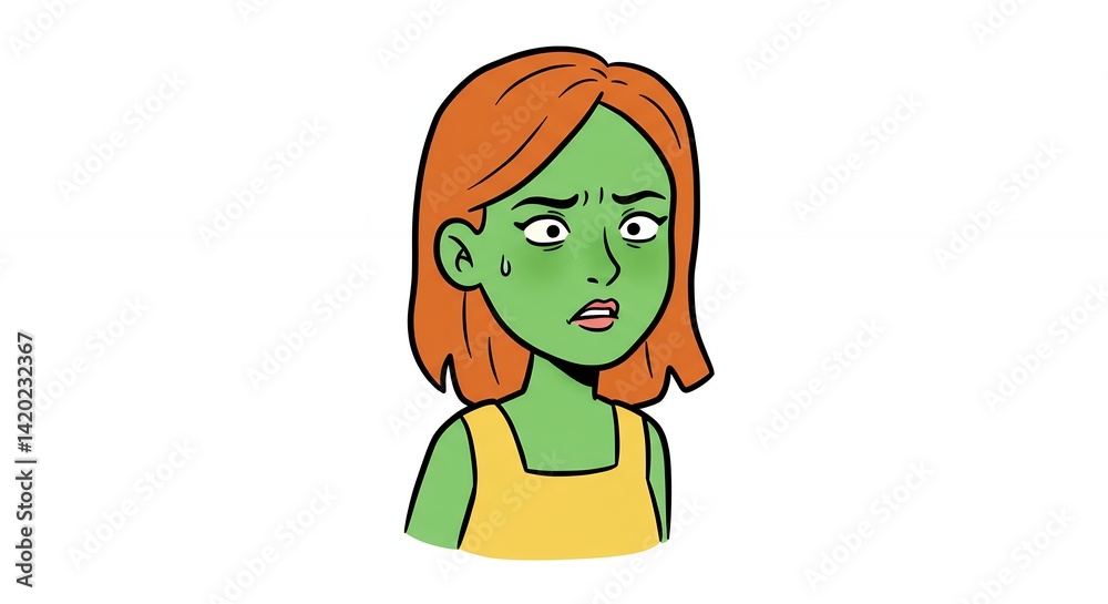 Worried young woman cartoon illustration green skin orange hair Worried young woman cartoon illustration green skin orange hair
