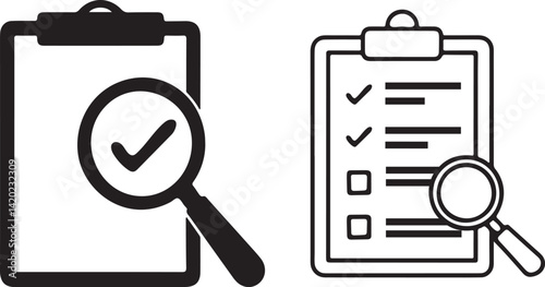 Two Clipboard Icons with Checkmarks and Magnifying Glasses Representing Task Management
