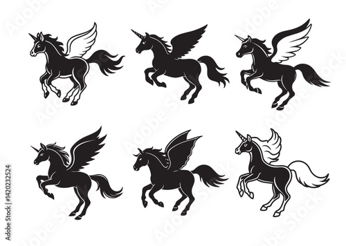 Flying horse unicorn silhouette vector Set