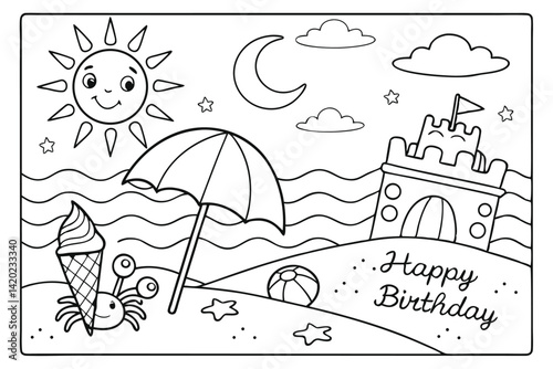 Coloring page, beach scene, smiling sun, crescent moon, clouds, sand castle, beach umbrella, beach ball, ice cream cone, seagull, ocean waves, "Happy Birthday" text, cute cartoonish style, 