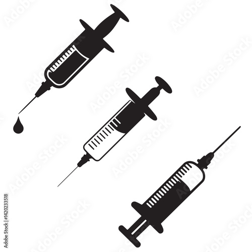 Syringe silhouettes, medical syringe, Vaccine or injection icon, Syringe injection, syringe with drop