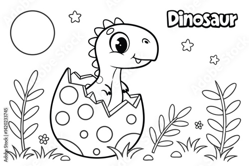 Cute cartoon baby dinosaur, hatching from polka dot egg, black and white line drawing, coloring book page, simple plants and stars, children's illustration style, kawaii character design, prehistoric 
