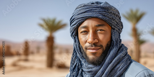 Desert Wanderer's Gaze: A striking portrait of a man of the desert, adorned in traditional garb, his eyes reflect the wisdom and fortitude gleaned from traversing the sun-baked lands.