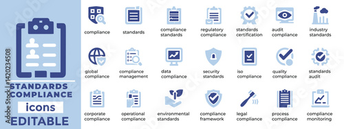 Professional standards compliance vector set ideal for audits, regulations, quality control, and certifications