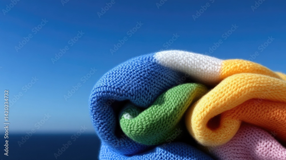 Fototapeta premium Colorful Knitted Throw Against a Blue Sky