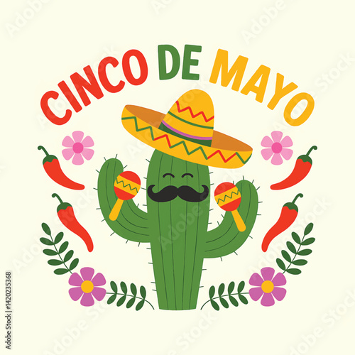 Cute Cactus Wearing Sombrero with Floral Decor for Cinco de Mayo Mexican Festival