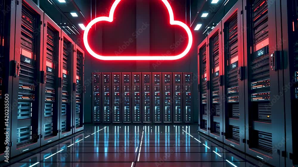 Glowing red cloud icon above data server racks in modern cloud computing room