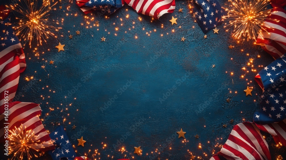 Festive Fourth of July Background American Flags Sparkles and Stars