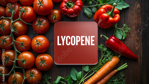 lycopene sign, fresh tomatoes and carrots