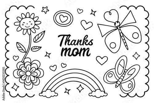 Coloring page design, "Thanks Mom" text, cheerful doodles, flowers, butterfly, rainbow, sun, hearts, stars, childlike drawings, black and white line art, greeting card style, whimsical elements,