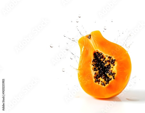 Vibrant Cut Papaya Slice with Water Droplets and Splashes Isolated on White