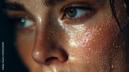 Close-up of a woman's face with sweat
