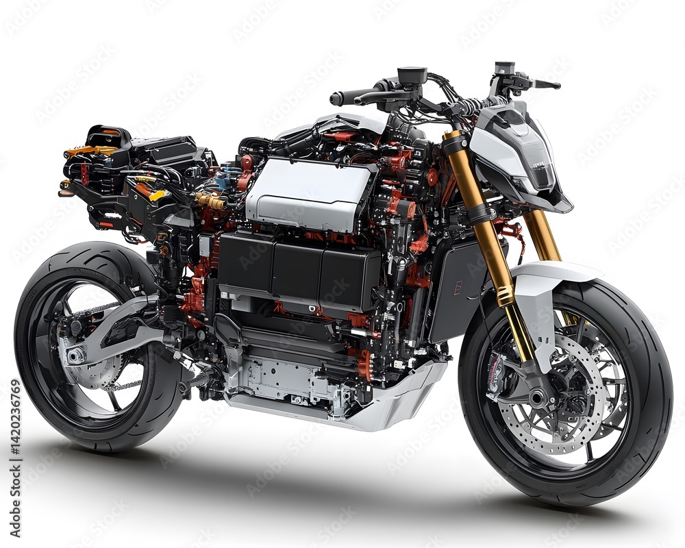 A detailed view of a motorcycle engine showcasing its complex design and technology. A detailed view of a motorcycle engine showcasing its complex design and technology.