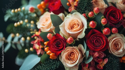 Elegant holiday bouquet featuring deep red and peach roses, eucalyptus, pine, and gold berries. Use for sites/blogs on floristry, holidays, romance, weddings, or home decor.