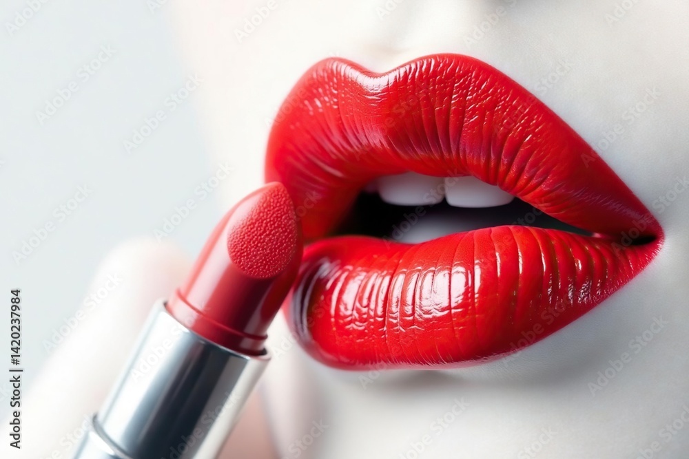 Obraz premium Close-up of red lipstick on white, smooth texture, background, beauty, vibrant