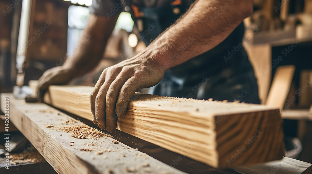 Carpenter sanding a wooden beam in a workshop. Featuring craftsmanship and detail Carpenter sanding a wooden beam in a workshop. Featuring craftsmanship and detail