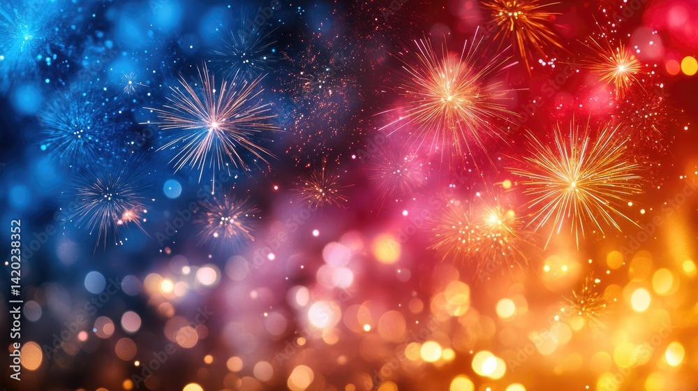 Naklejka premium Several bright colorful fireworks explode over silhouetted cityscape at night for celebration blogs, holiday event websites,and urban nighttime themes