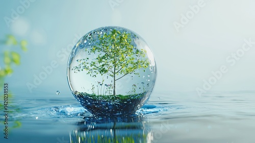 Crystal sphere protecting a small tree, symbolizing environmental protection.