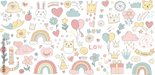 Cute kid scribble line flower, heart. rainbow background.