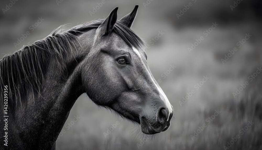 Obraz premium A striking black and white portrait of a horse showcasing its majestic features.