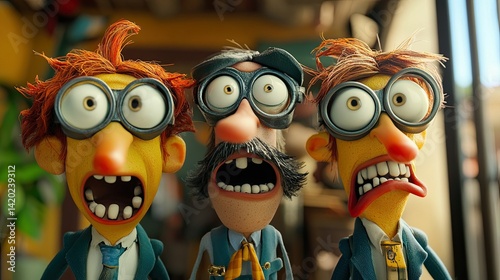 Close up of goofball characters with exaggerated expressions and silly outfits, perfect for cartoonish prank scenarios and humor shots 