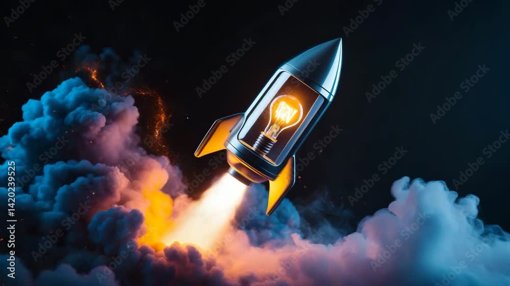 Innovative rocket light bulb with smoke and explosion ascends against a dark background, concept. Successful launch, creative idea.