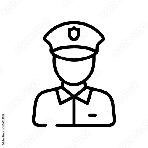 Minimalist black line icon of a security officer or policeman, representing safety and public service, ideal for interface design or informational graphics, concept of authority and order.