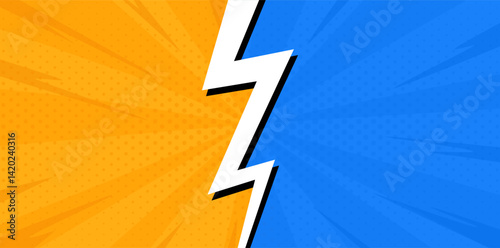 Pop art comic background. Colorful versus cartoon banner with lightning and halftone effect. Blue and orange vs frame. Vector illustration