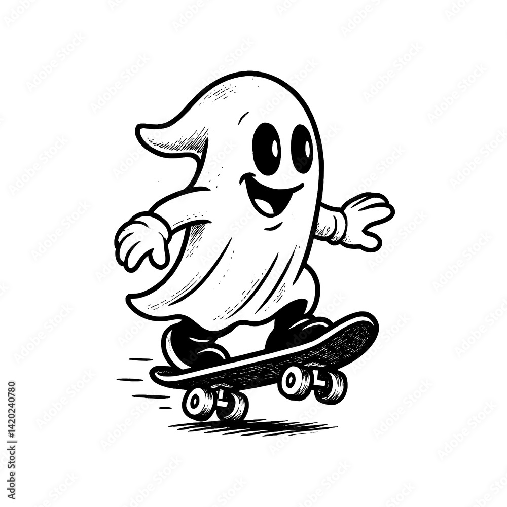 Fototapeta premium Vector Illustration of a Cute Ghost Riding a Skateboard