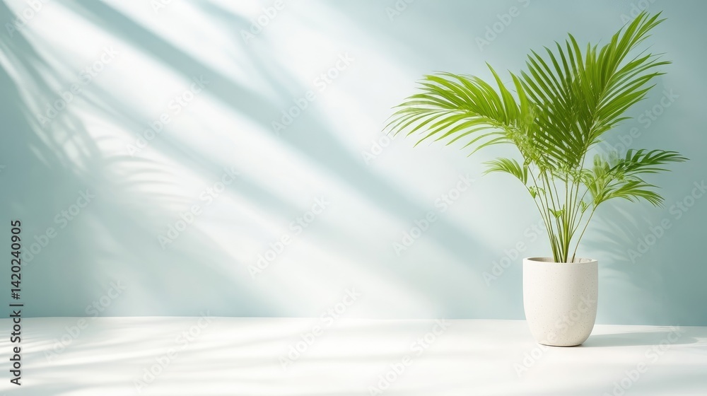 Minimalist indoor plant scene. Soft light casts shadows on a light teal wall. A small palm plant sits in a simple white pot on a white surface Minimalist indoor plant scene. Soft light casts shadows on a light teal wall. A small palm plant sits in a simple white pot on a white surface