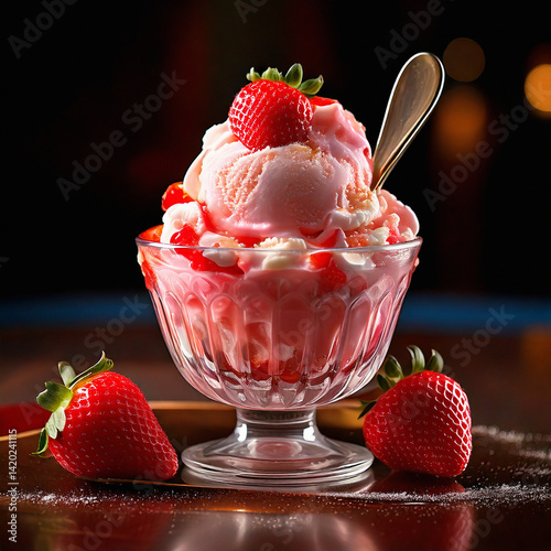A large cup of strawberry ice cream on the table.