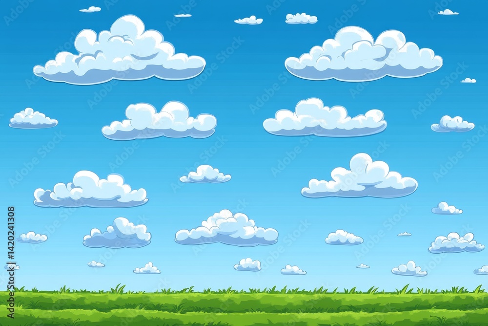 Bright summer sky with puffy clouds and green grass Bright summer sky with puffy clouds and green grass