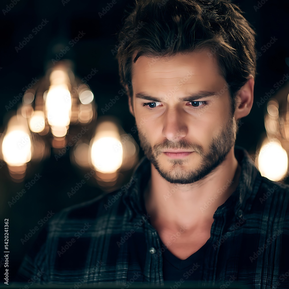 Portrait of a Man with a Thoughtful Expression and Light Bokeh Background in the Evening Setting. Portrait of a Man with a Thoughtful Expression and Light Bokeh Background in the Evening Setting.