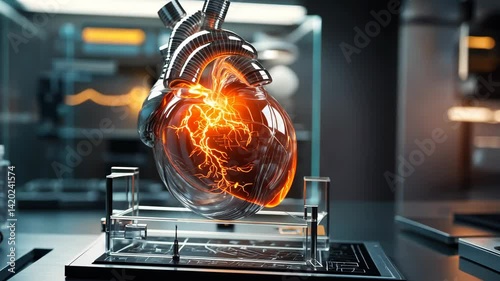 High-Tech Glowing Heart Model Displayed in a Sleek Laboratory Setting with Advanced Technology