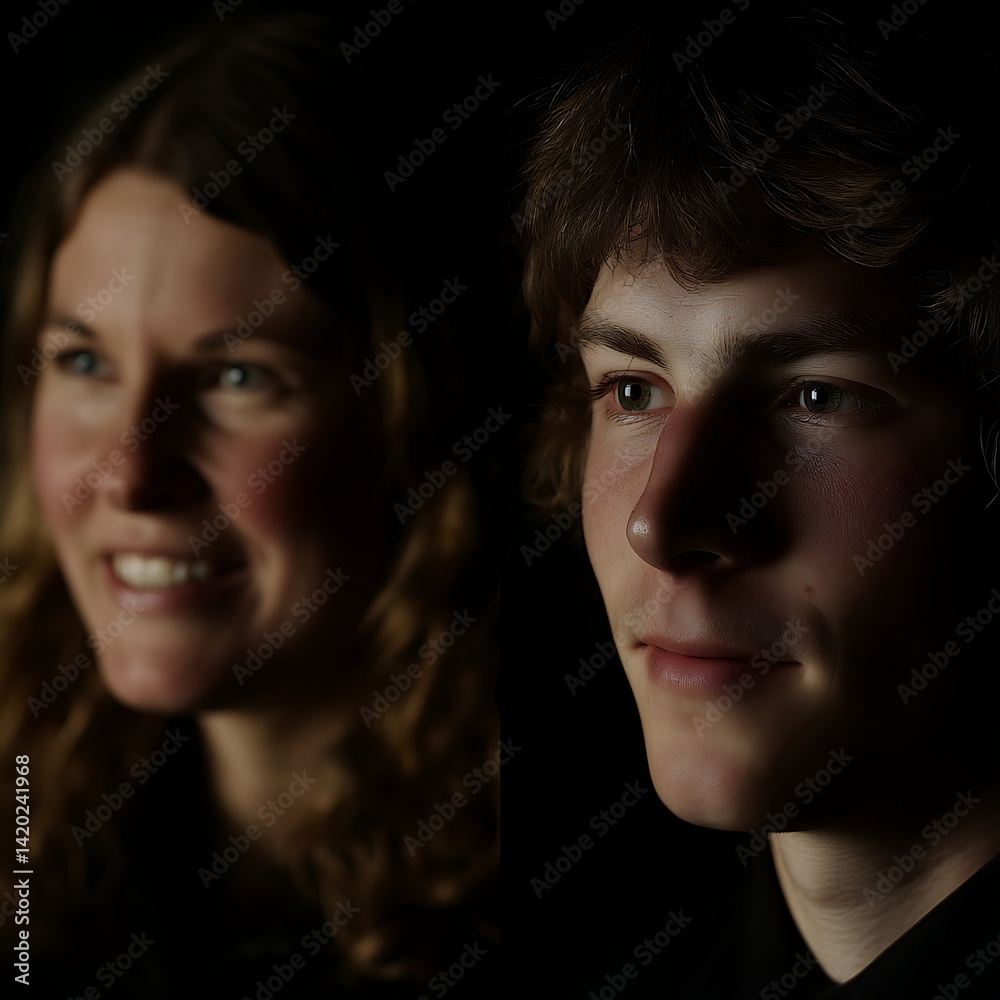 Portrait of Smiling Woman with Intense Gaze Next to Young Man in Shadow Rich Photographic Lighting. Portrait of Smiling Woman with Intense Gaze Next to Young Man in Shadow Rich Photographic Lighting.