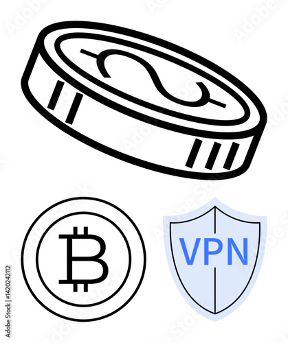Coin with dollar sign, bitcoin logo, and VPN shield. Ideal for finance, blockchain, cryptocurrency, security, anonymity data protection digital economy. Flat simple metaphor