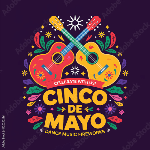 Cinco de Mayo Illustration with Colorful Guitars, Flowers and Folk Art Elements