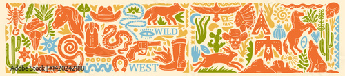 Western desert linocut wild West cowboy print, vector hand drawn Texas nature silhouette collection. Horse outline American animal illustration, vintage adventure boots. Western linocut grunge art