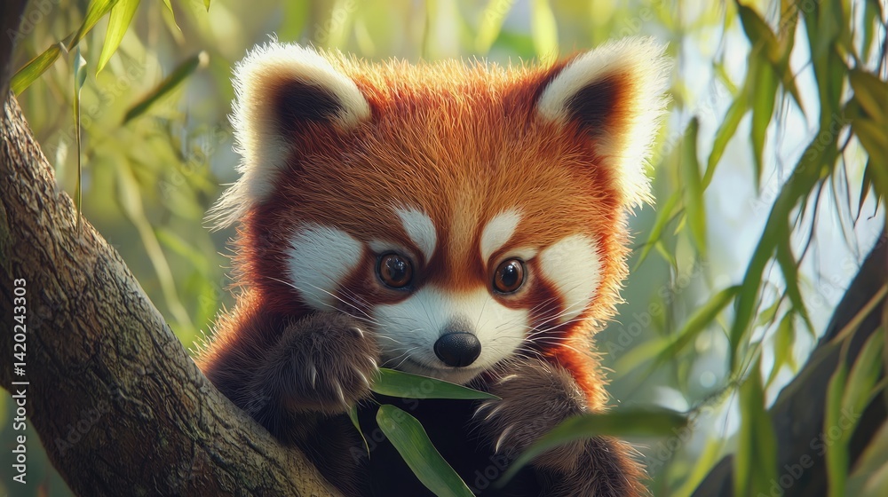 Red panda cub nibbles a bamboo leaf in a lush forest. Red panda cub nibbles a bamboo leaf in a lush forest.