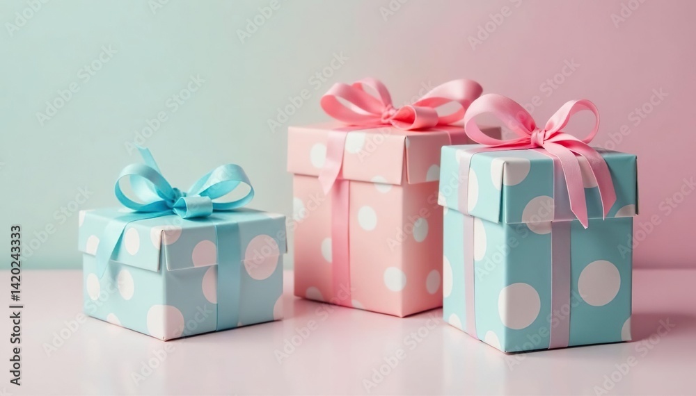 Obraz premium Pastel colored gift boxes with polka dots, whimsical style, illustration, wallpaper, polka dot