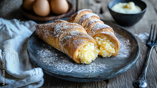 Traditional Finnish Karjalanpiirakka Rye Crust Pastries Filled with Rice Porridge and Served with Egg Butter photo