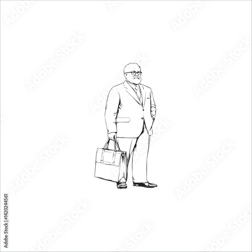 image of an elderly man dressed in business style on a white background, vector, black and white graphics
