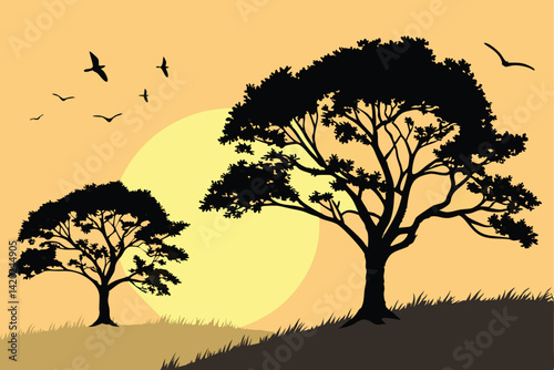 27 Silhouette of two trees at sunset, large golden sun on horizon, warm orange and yellow sky, birds flying in distance, grass silhouette, peaceful landscape, minimalist art style, high contrast, digi