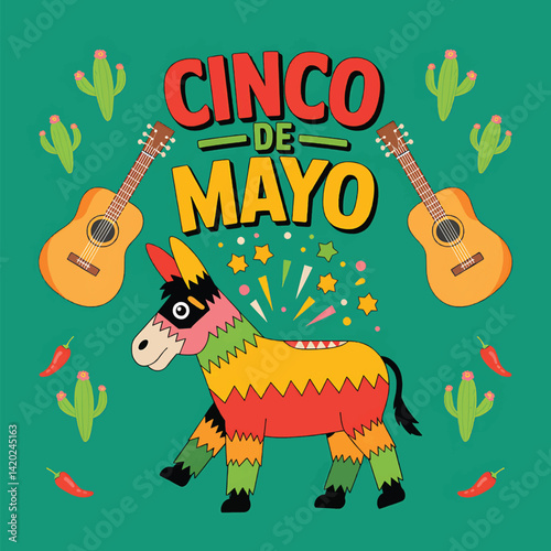 Cartoon Pinata and Guitars with Cactus and Text for Cinco de Mayo Celebration