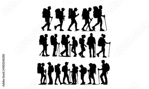 Dynamic Hiker Silhouettes Collection Male & Female Figures with Backpacks in Various Poses ? Minimalist Black Silhouettes on White Background