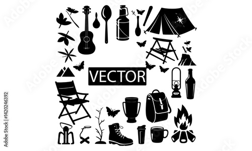 Camping and Outdoors set silhouette vector illustration