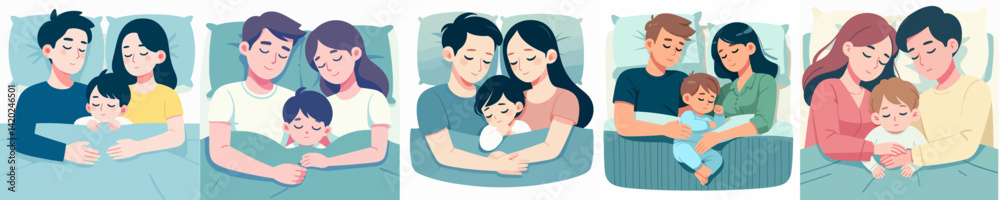 Collection of vectors of mothers and fathers sleeping with their children Collection of vectors of mothers and fathers sleeping with their children
