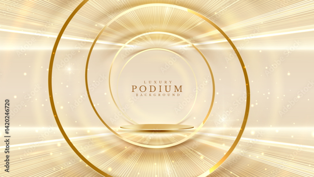 Elegant stage backdrop with golden podium and lights shining from behind With bokeh decoration. Cream elegant background Suitable for product promotions and award ceremonies.