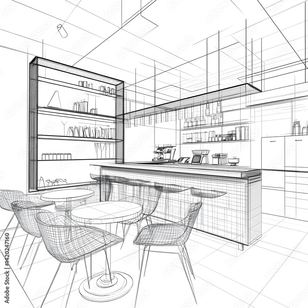 Wireframe drawing interior design rendering concept. Residential renovation service showing office cafe with bar, tables, chairs. Home improvement upgrade remodelling visualization. Interior design Wireframe drawing interior design rendering concept. Residential renovation service showing office cafe with bar, tables, chairs. Home improvement upgrade remodelling visualization. Interior design