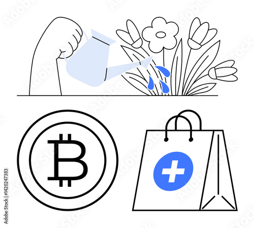 Hand pouring water on blooming flowers, Bitcoin currency coin, and healthcare shopping bag. Ideal for finance, investment, growth, sustainability, cryptocurrency health commerce concepts. Flat